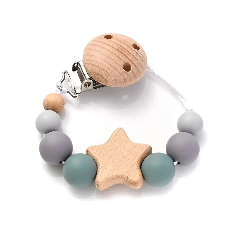 Attache-Tétine Bébé Perles Silicone & Bois Étoile – Chaîne Anneau Dentition Jouet À Mâcher Cadeau Naissance