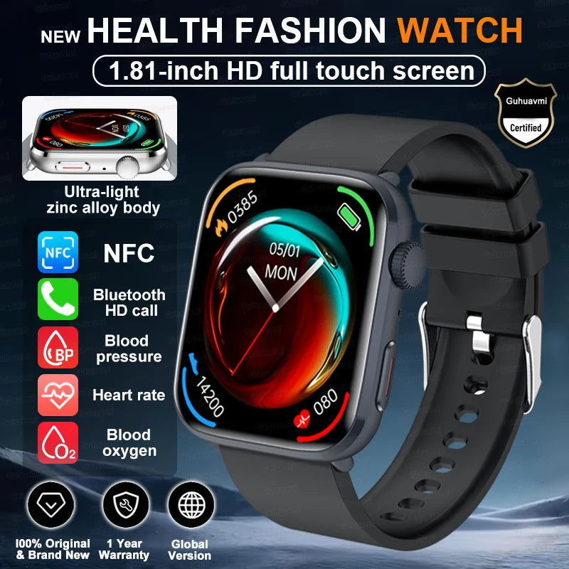 Smartwatch 2025 Unisex Gesundheit NFC Bluetooth – Blutdruck Sauerstoff Sport Anrufe | Herren & Damen