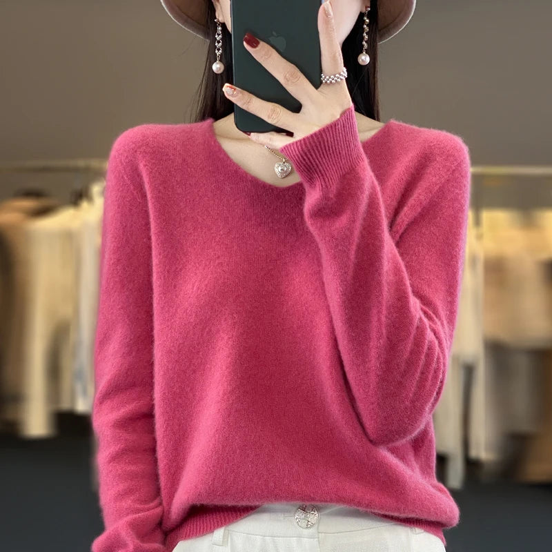 Pull Cachemire 100% Laine Col V Femme - Tricot Casual Korean Fashion Automne Hiver