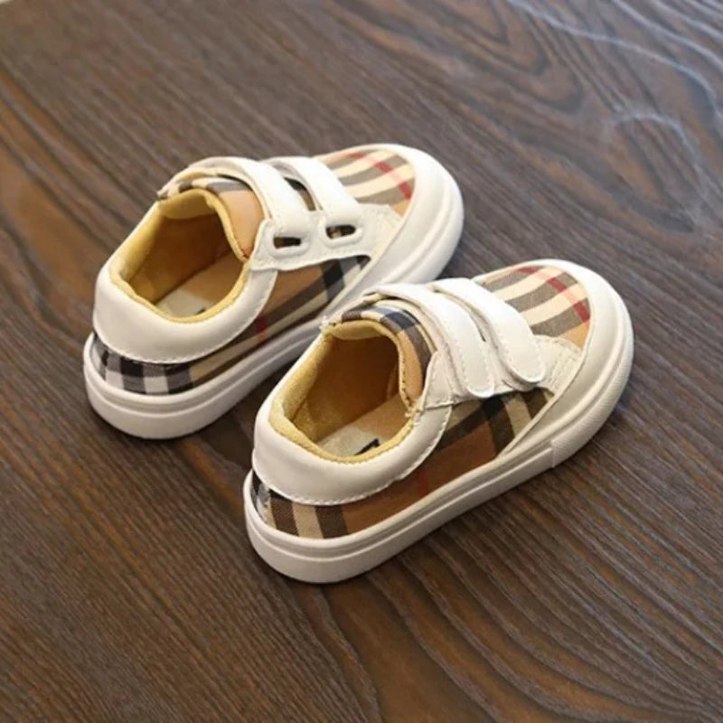 Baskets Enfant Style Coréen Carreaux Blanc – Sneakers Cuir PU Casual Unisexe 3-8 Ans