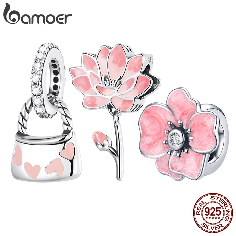 Charm Argent 925 Fleur de Lotus Rose Bamoer – Pendentif Sac & Bracelet DIY | Bijou Fin Femme Premium Élégant & Symbolique