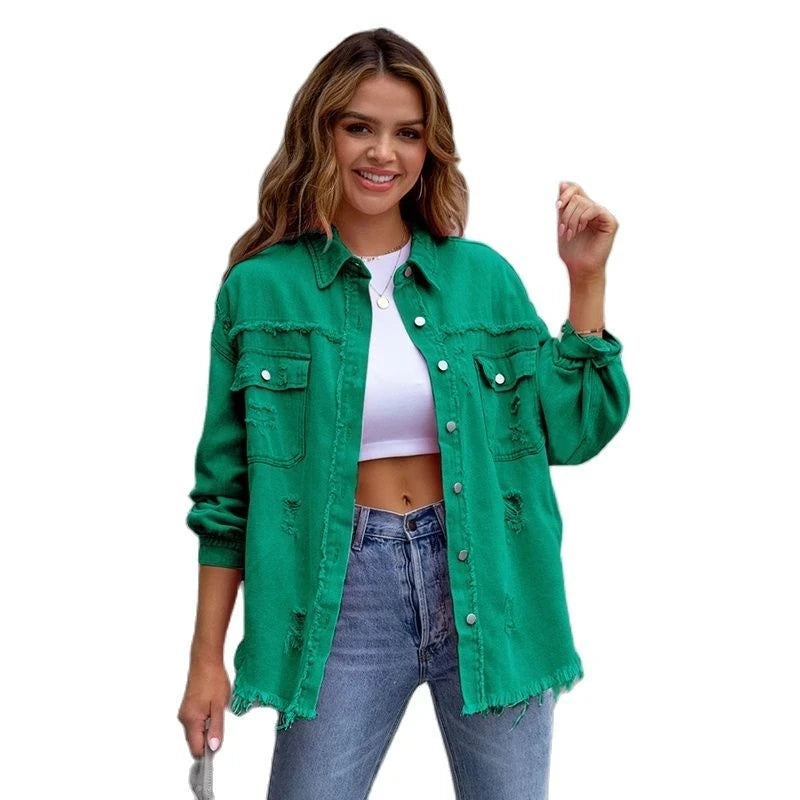 Veste en Jean Femme Bords Bruts Troués – Style Chemise Casual | Printemps Automne Tendance 2025