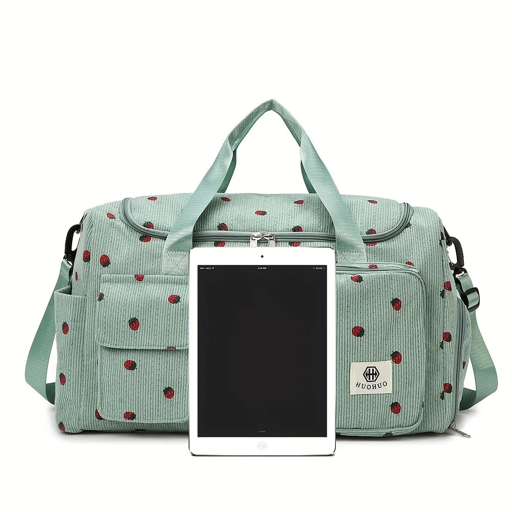 Sac de Voyage Fraise Velours Côtelé – Grande Capacité Bandoulière Léger Sport Fitness Bagage