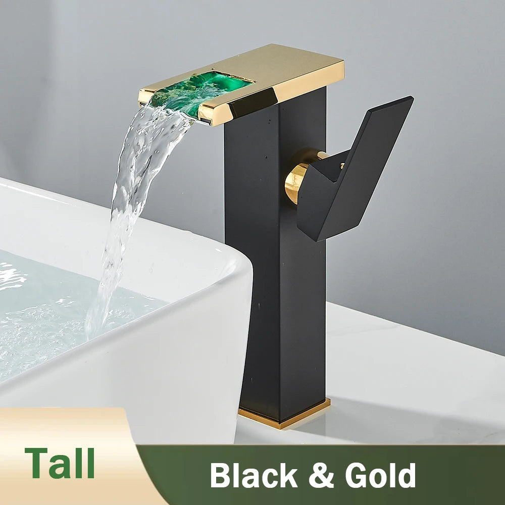 Rozin Robinet Lavabo Noir LED Cascade Hydroélectrique – Mitigeur Eau Chaude & Froide, Lumière LED Automatique | Vasque Design