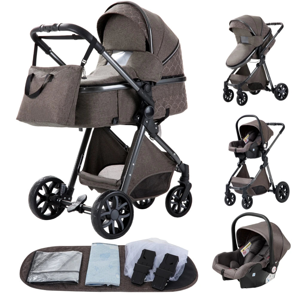 Poussette Bébé 3 en 1 Pliable Aluminium – Haute Vue, Nacelle & Siège, Voyage Compact | Nouveau-Né & Nourrisson