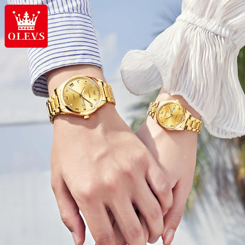 Montre Couple OLEVS Or Luxe Quartz – Acier Lumineux Étanche Date Semaine Tendance