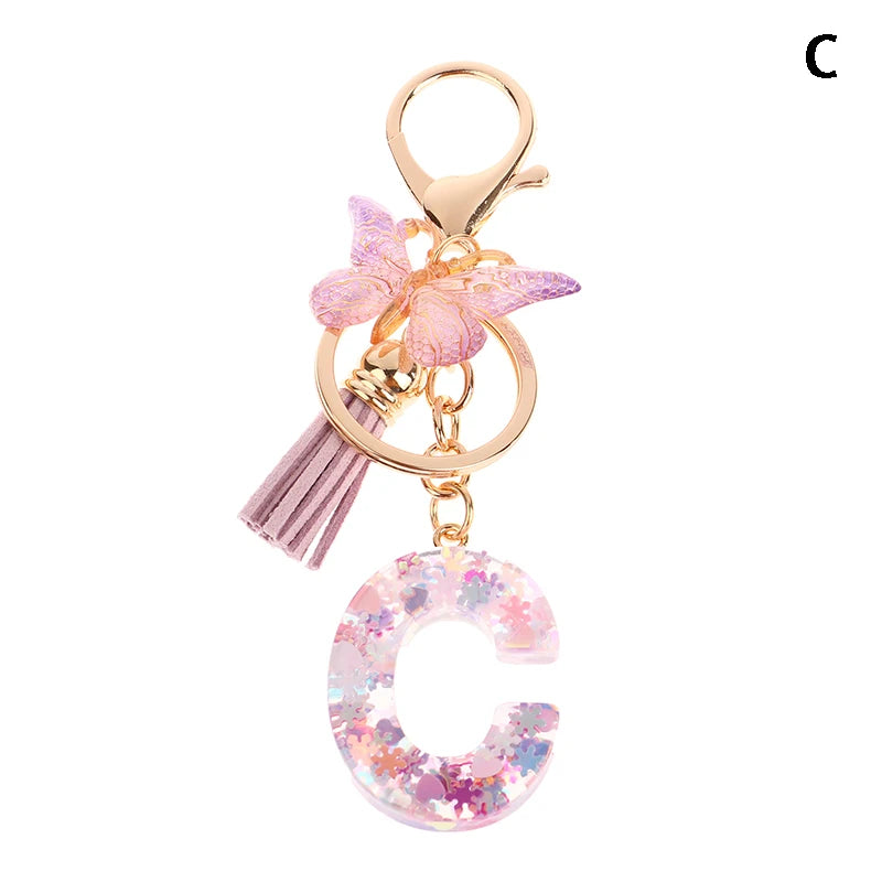Porte-Clés Lettre Initiale Sequins Femme – Pendentif Papillon Pompon Sac Voiture Bijou