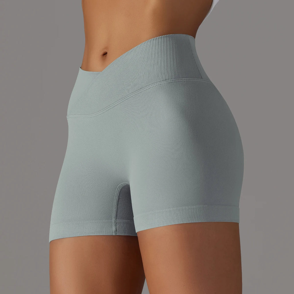 Short Yoga Femme Taille Haute Croisée Gainant Fessier Gym Running Fitness – Short Sport Sculptant Élastique | Mode Athleisure