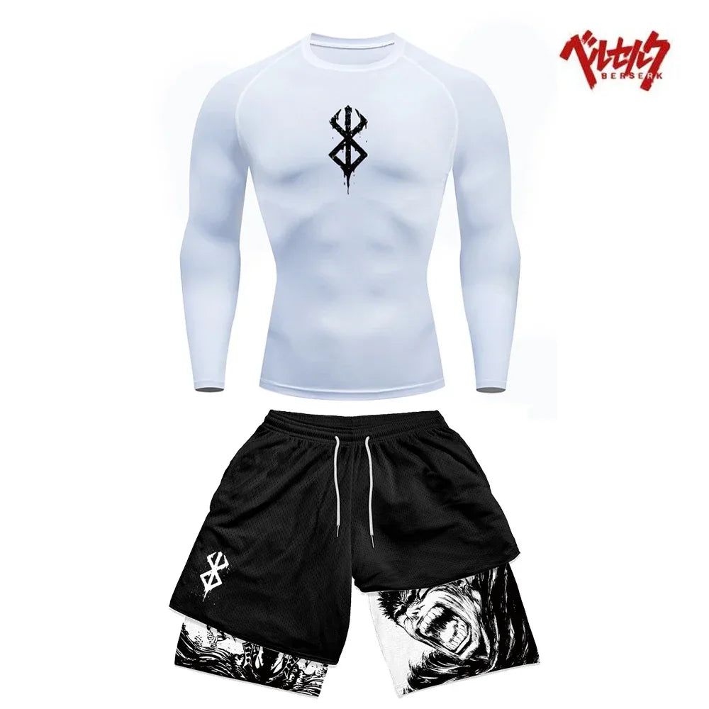 Ensemble Compression Homme Anime Berserk – T-Shirt + Short Gym Séchage Rapide | Running, Fitness & Workout Été | Sportswear Manga