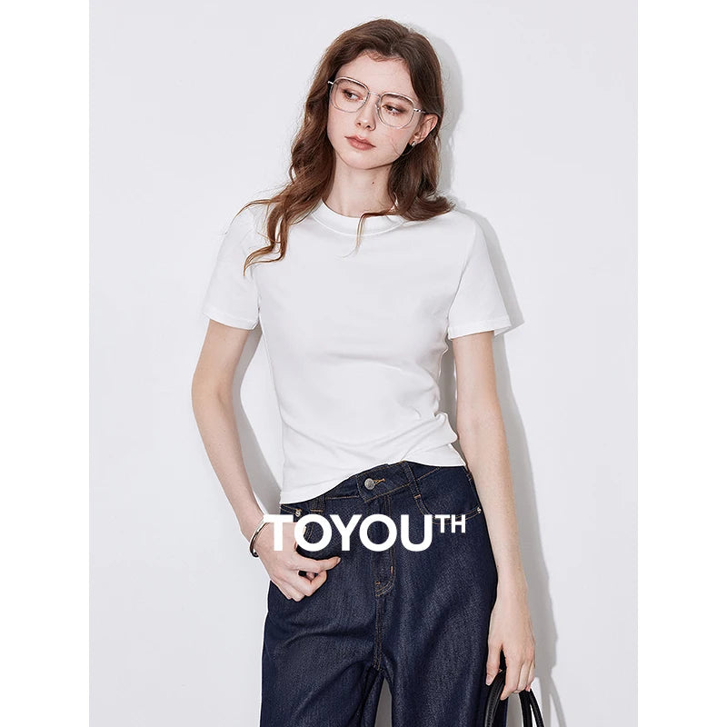 T-Shirt Lyocell Slim Fit Col Rond Manches Courtes Blanc - Basique Premium Polyvalent Printemps | TOYOUTH