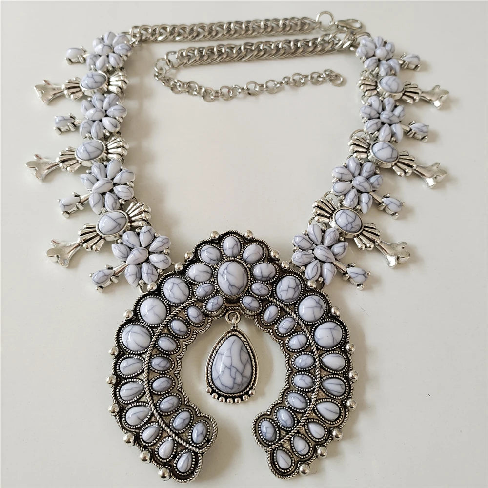 Parure Collier & Boucles Boho Ethnique Turquoise Résine – Pendentif Statement Baroque Retro | Style Indien Vintage | Bijou Femme Tendance 2026