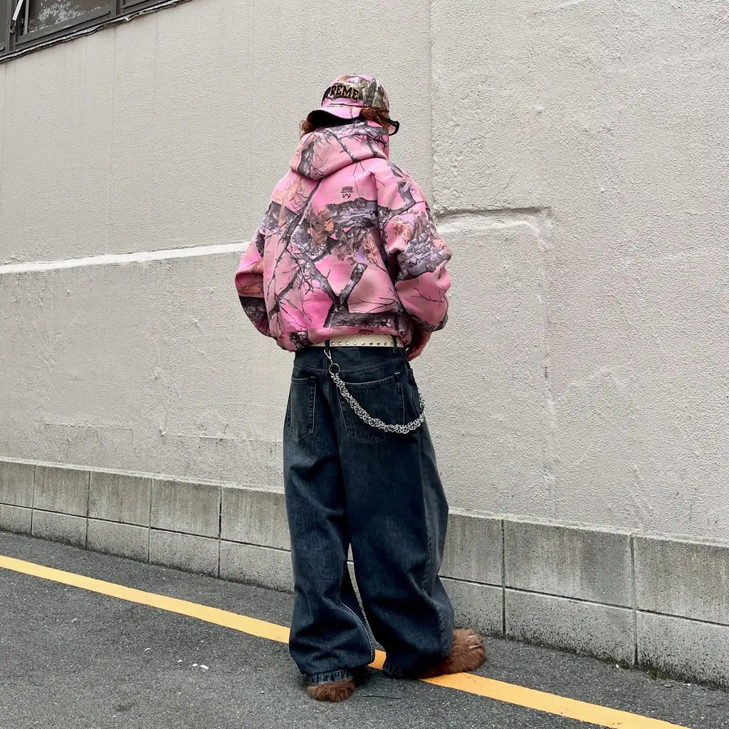 Sweat à Capuche Zippé Unisexe Y2K Rétro Camouflage Rose Branches Imprimé Streetwear Harajuku Boxy Casual – Hoodie Tendance Oversize | Mode Unisexe