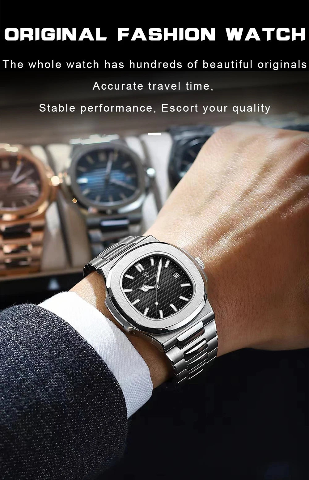 Montre Homme POEDAGAR Carré Luxe Quartz – Acier Lumineux Étanche Date Sport Business