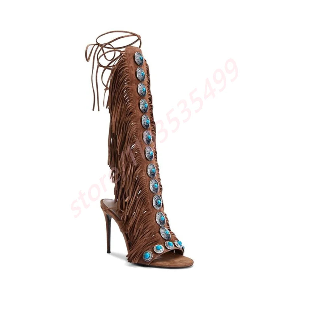 Bottes Gland Gemmes Catwalk Stiletto Femme – Luxe Romain Bout Ouvert Scène Mode