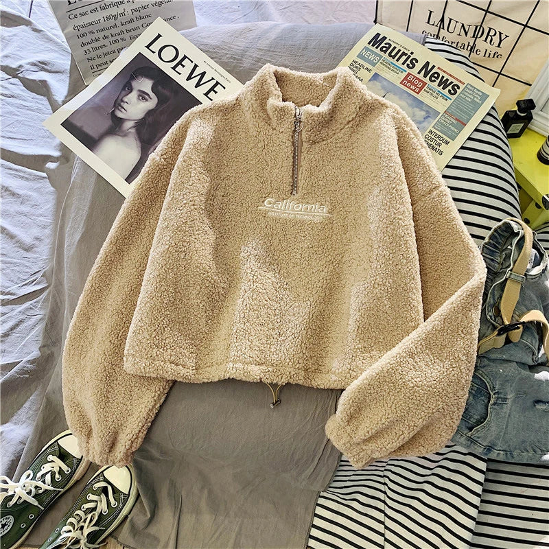 Sweat Court Femme Col Montant Polaire Brodé Cordon Manches Longues Velours Peluche Élégant – Hoodie Crop | Automne