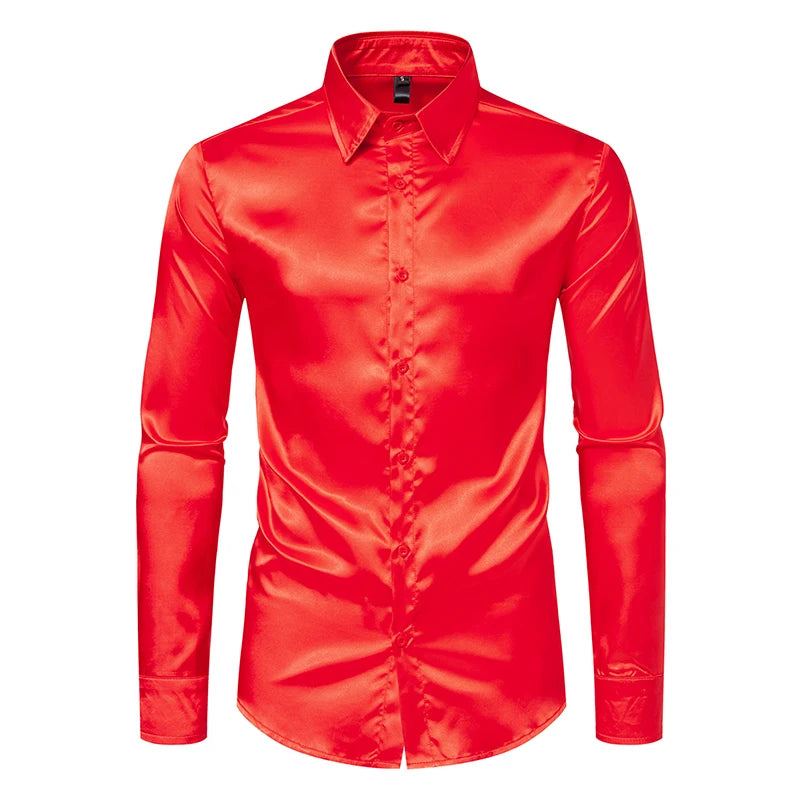 Chemise Homme Satin Noir Luxe Soie Lisse Tuxedo Mariage Soirée Prom Casual Business Bureau Élégante Couleur Unie Premium – Chemise Satin Luxe Cérémonie | Mode Homme Luxe Cérémonie Premium