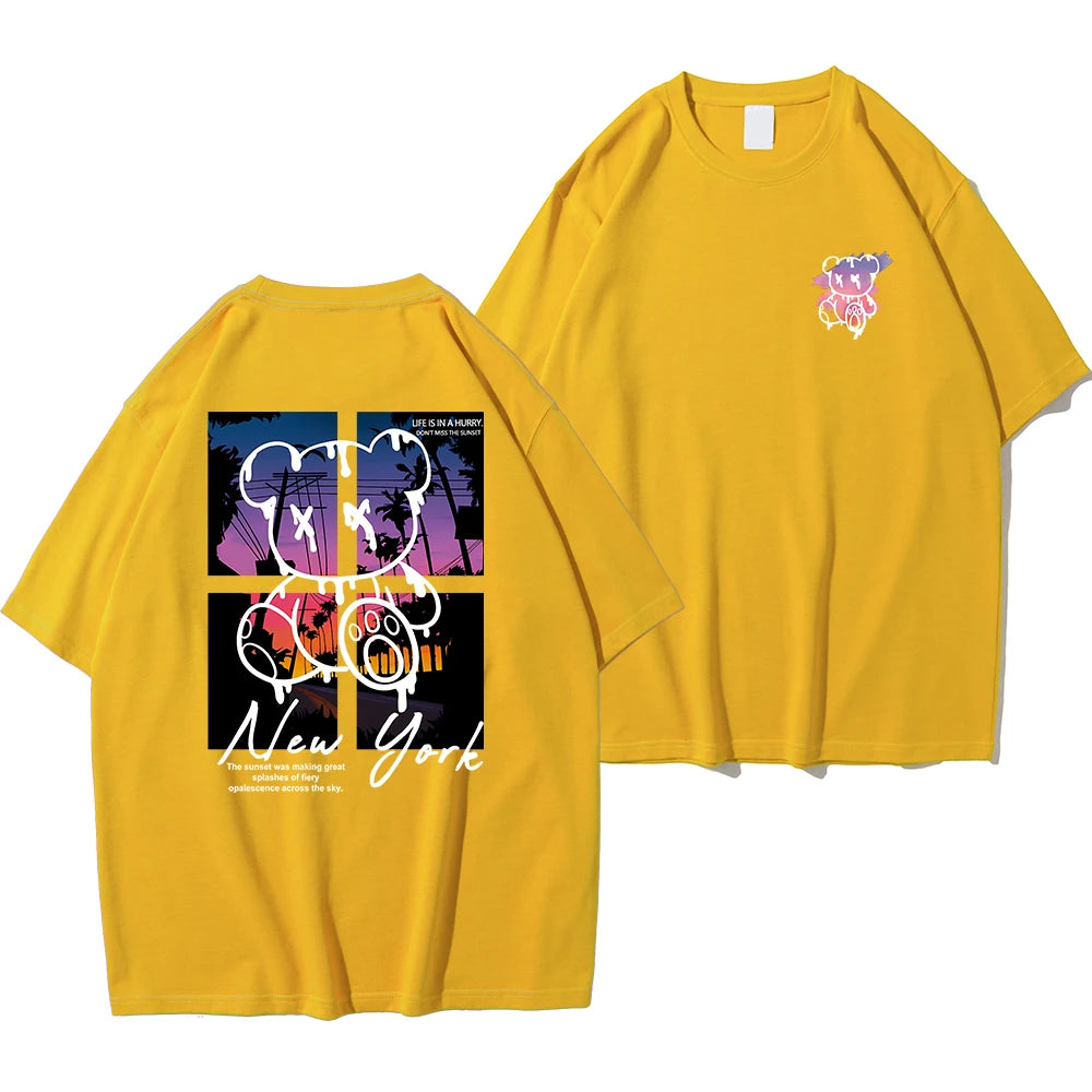 T-Shirt Homme New York Art Cartoon Bear Coucher de Soleil Coton Loose Oversize Été Streetwear Graphic Fashion Tendance Confortable – T-Shirt Graphic Art Premium Oversize New York | Mode Homme Streetwear Graphic Art Premium