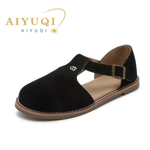 AIYUQI Sandales Cuir Véritable Retro Givré Baotou Romain 2026 – Hollow Flat Femme