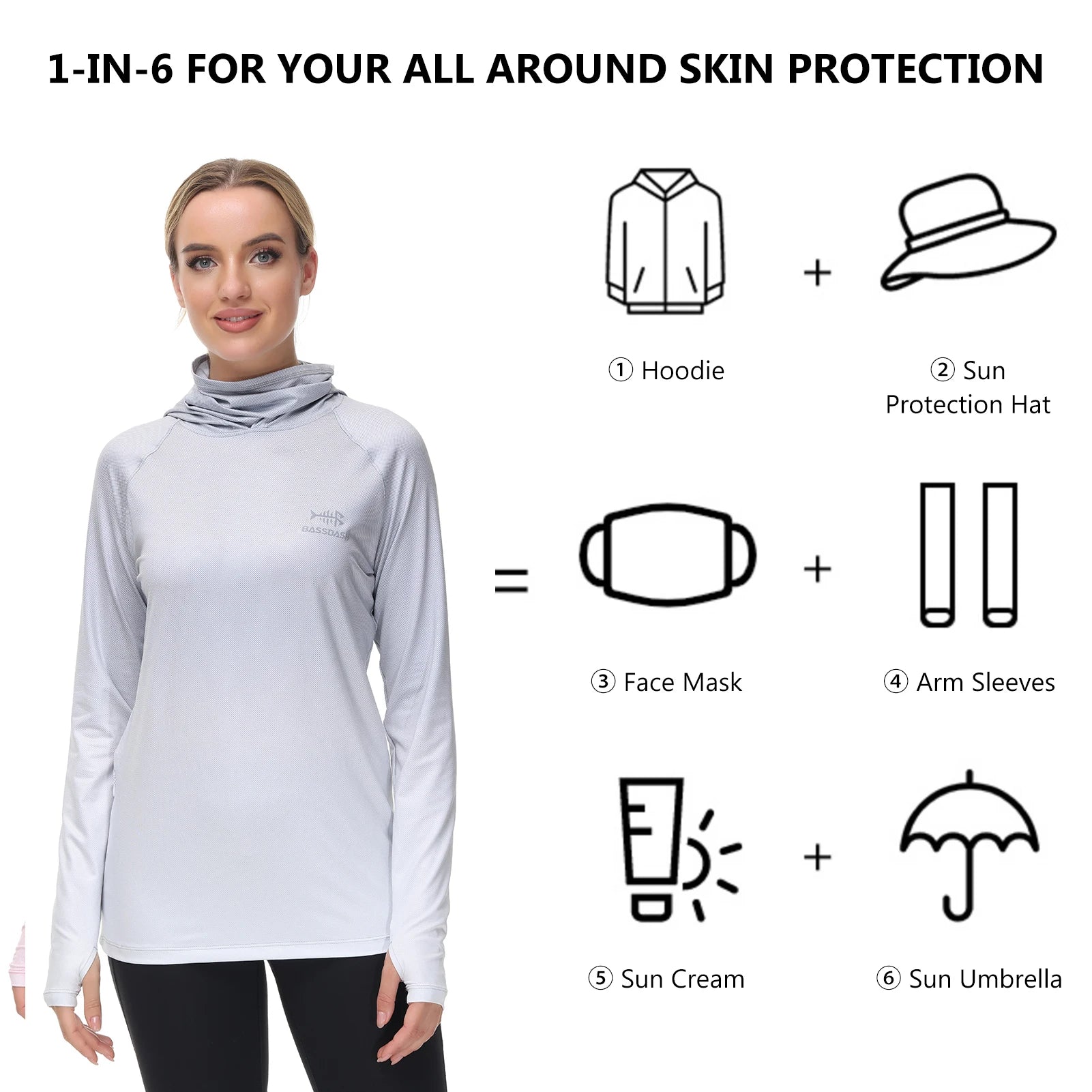Bassdash Hoodie Anti-UV UPF 50+ Femme – Cache-Visage Intégré & Pouces | Séchage Rapide & Respirant | Pêche, Randonnée & Vélo