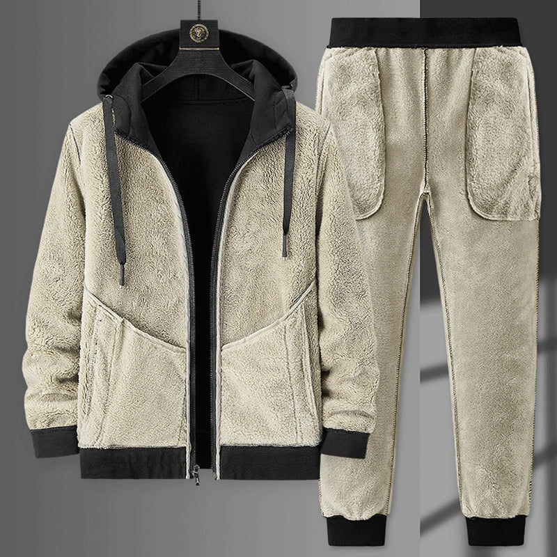 Ensemble Homme Cashmere Tracksuit Hiver – Veste + Pantalon Polaire Épaisse Capuche Chaud