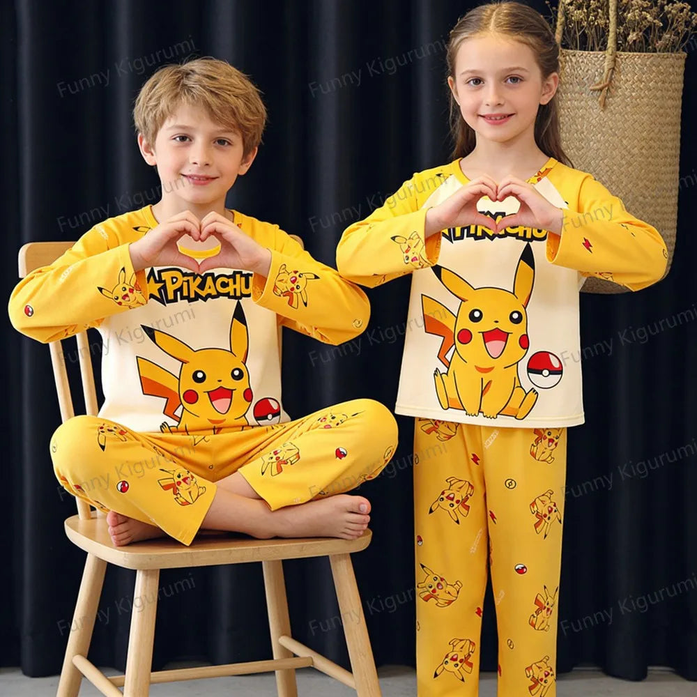 Pyjama Enfant Cartoon Pikachu – Ensemble 2 Pièces Manches Longues Garçon Fille 3-13 Ans