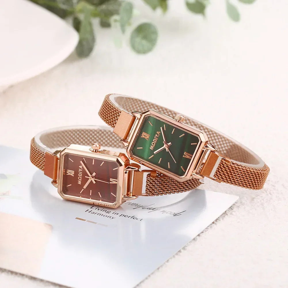 Montre Femme Luxe Carrée Quartz Maille Magnétique Or Rose – Cadran Vert Élégante Minimaliste