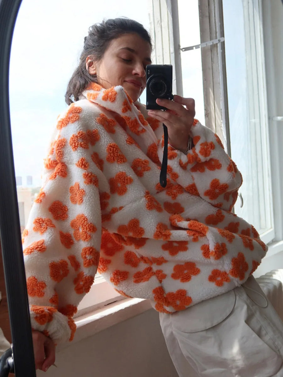 Sweat Femme Sherpa Floral Demi-Zip Ample Chaud – Pull Douillet & Tendance | Automne Hiver