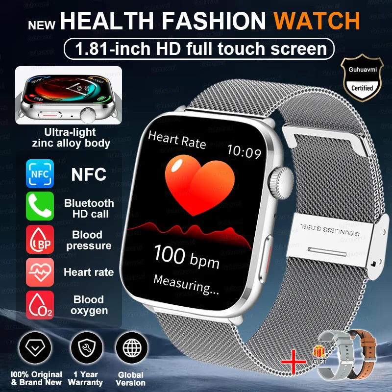 Smartwatch 2025 Unisex Gesundheit NFC Bluetooth – Blutdruck Sauerstoff Sport Anrufe | Herren & Damen