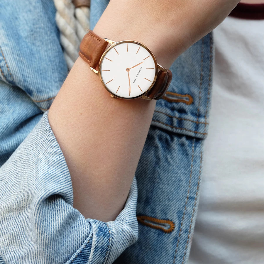 Montre Femme Luxe HANNAH MARTIN Ultra-Fine 36mm Cuir Or Rose – Étanche Élégante Fashion