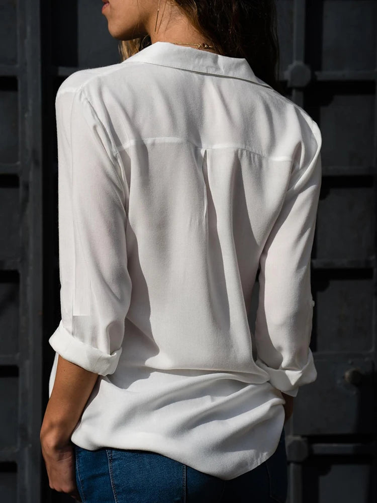 Blouse Chiffon Femme Élégante Unie Col V Manches Longues – Ample Oversize Casual Bureau | Printemps Été