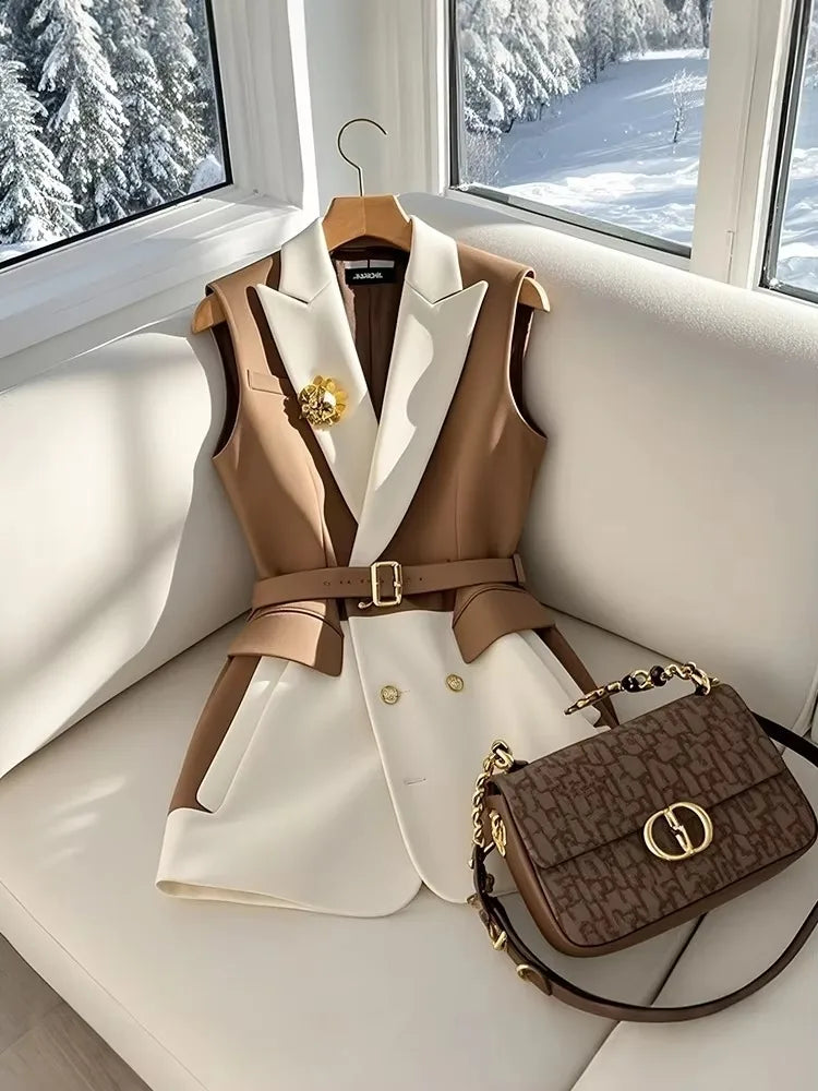 Gilet Blazer Femme Sans Manches Color Block Café Rétro Élégant – Veste Tailleur Bureau Casual Chic Printemps Été | Mode
