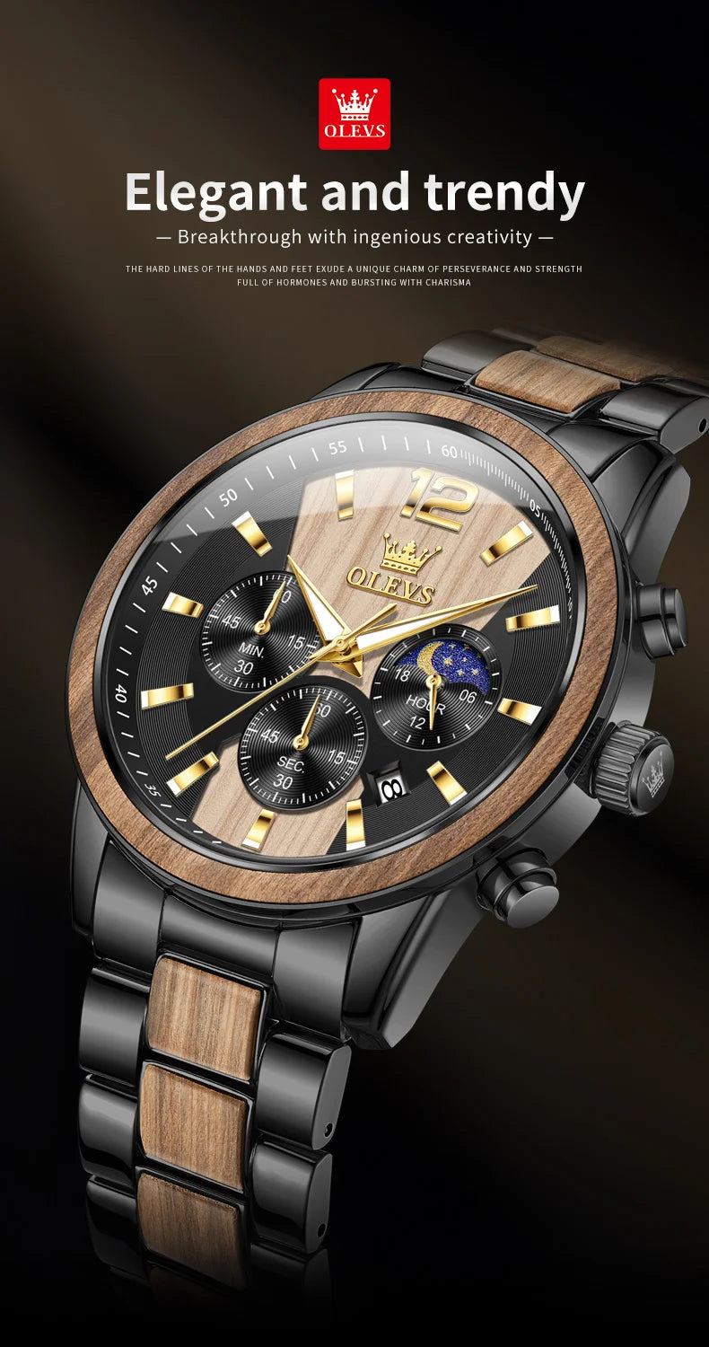Montre Homme OLEVS Luxe Quartz – Bracelet Acier & Bois Santal Rouge Lumineux Étanche Calendrier