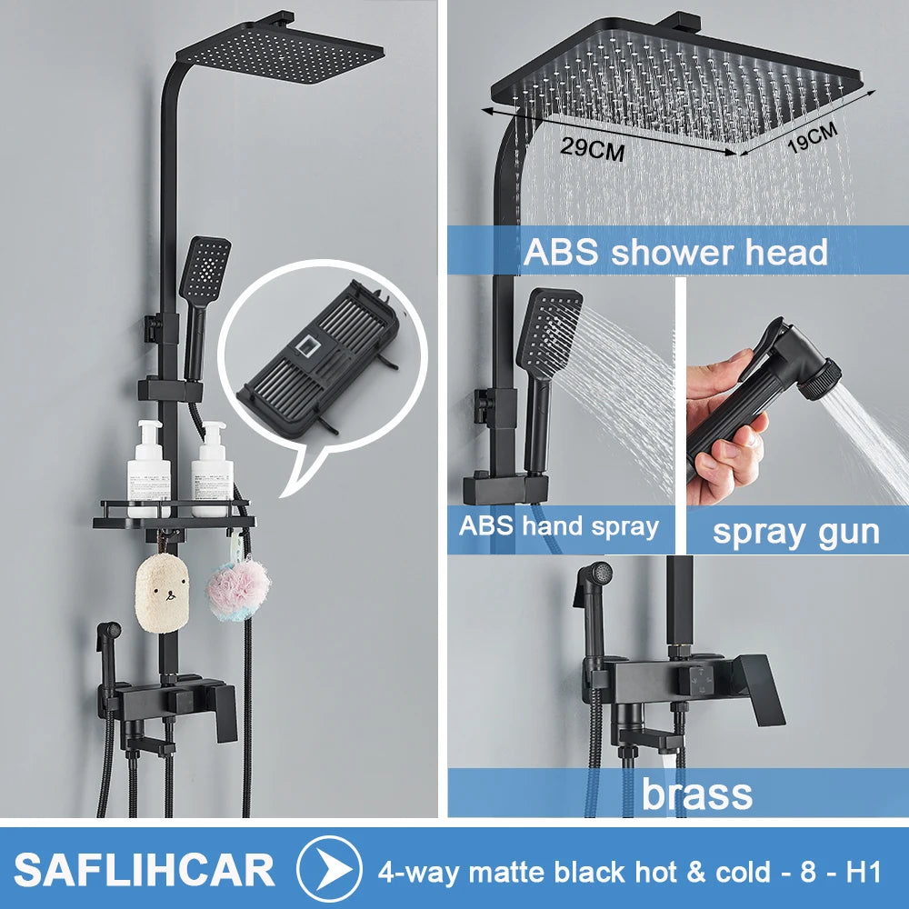 Ensemble Douche Pluie Mural Noir & Chrome Laiton – Étagère Offerte, Mitigeur Eau Chaude & Froide | Système Complet Salle de Bain