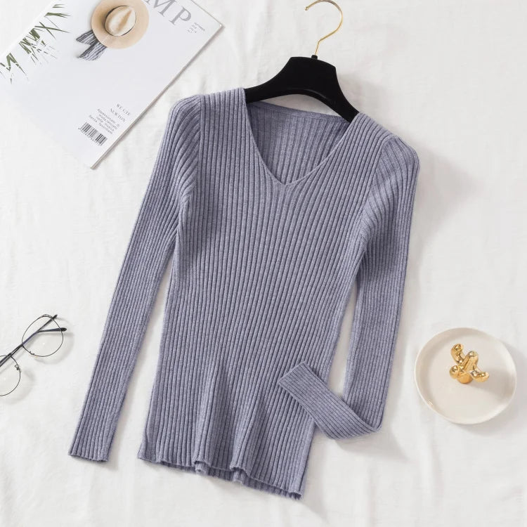 Pull Femme Col V Tricoté Manches Longues Casual Uni Basique – Sweater Chaud Confortable Automne Hiver | Mode Intemporelle