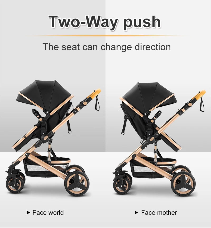 Poussette Bébé 3 en 1 Luxe Pliable Noire – Cadre Aluminium, Haute Vue, Nacelle & Siège | Voyage Nouveau-Né & Nourrisson