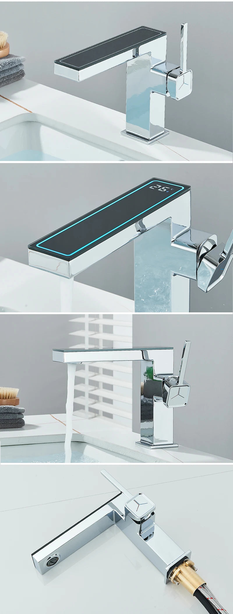 Robinet Lavabo Digital LED Gris – Affichage Température, Lumière LED, Mitigeur Eau Chaude & Froide | Salle de Bain High-Tech