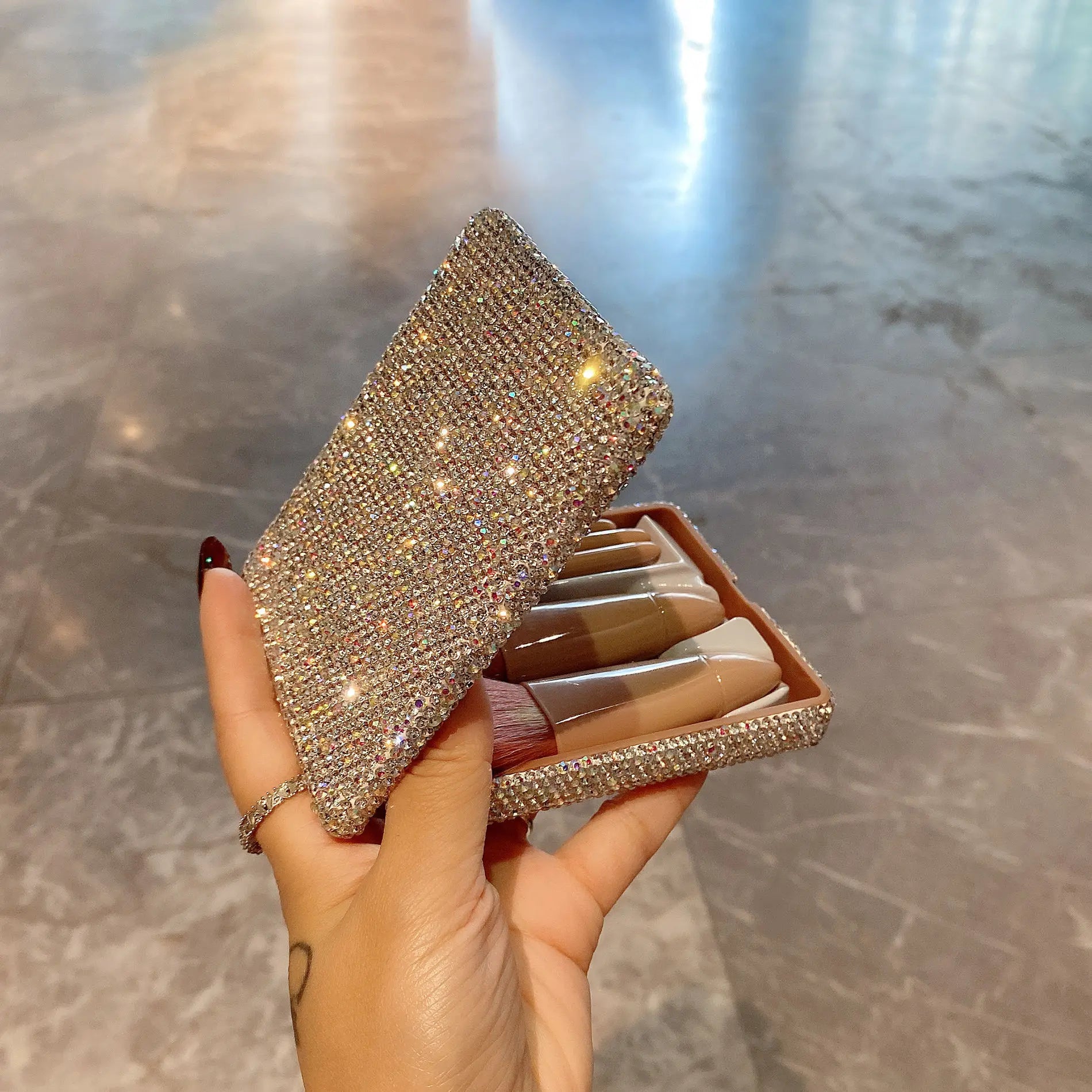 Set 5 Pinceaux Maquillage Premium Crystal Glitter – Poudre, Blush, Correcteur & Fard à Paupières | Pinceaux Professionnels