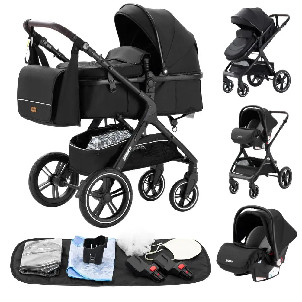 Poussette Bébé 3 en 1 Luxe Pliable Noire – Cadre Aluminium, Haute Vue, Nacelle & Siège | Voyage Nouveau-Né & Nourrisson