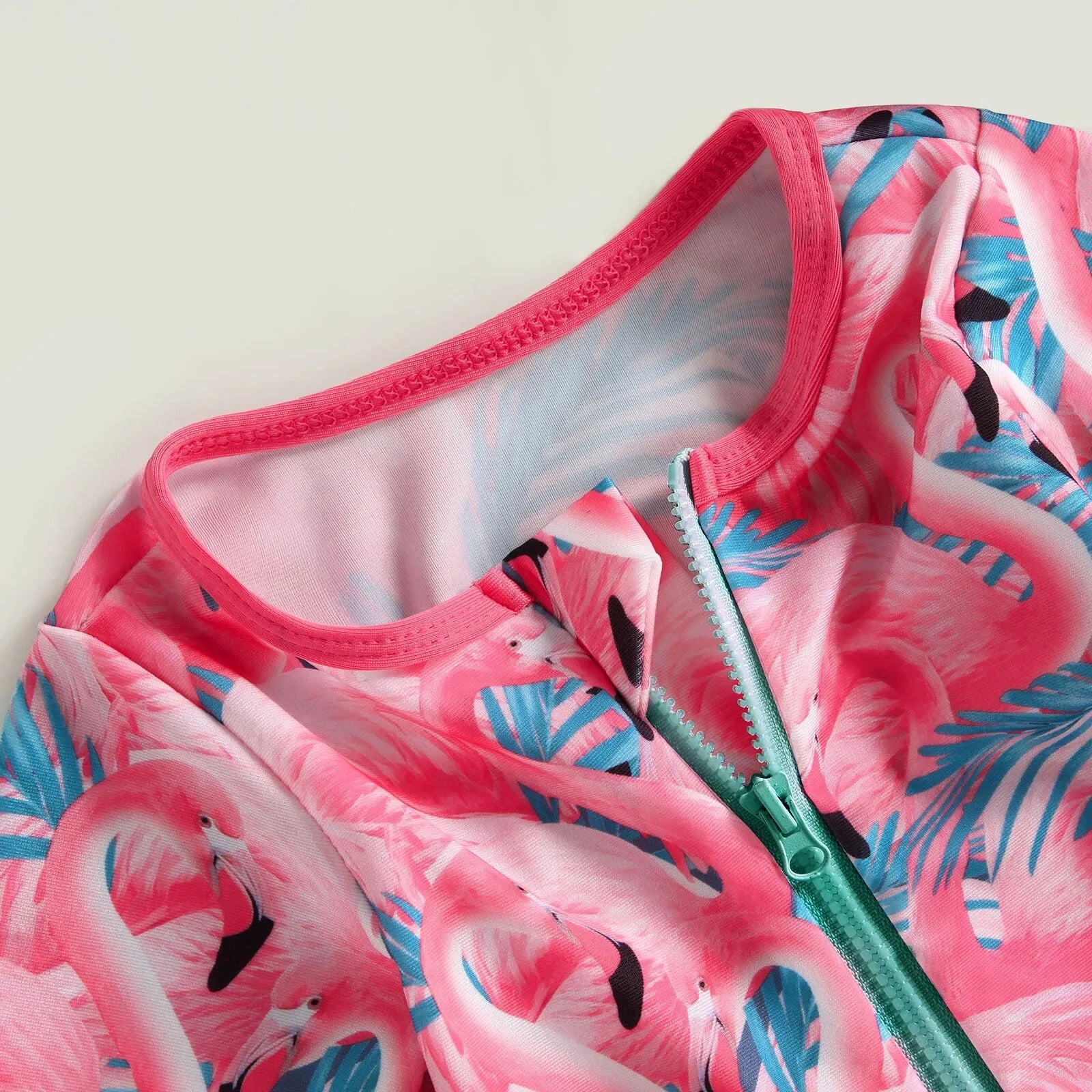 Maillot de Bain Bébé Fille Combinaison Zipper – Imprimé Flamant Rose Fleurs Manches Longues + Bandeau Été