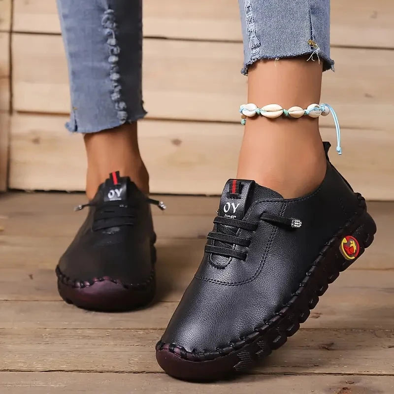 Sneakers Plateforme Loafers Lacets Cuir Femme 2024 – Flat Slip-On Casual Mom Shoe Printemps