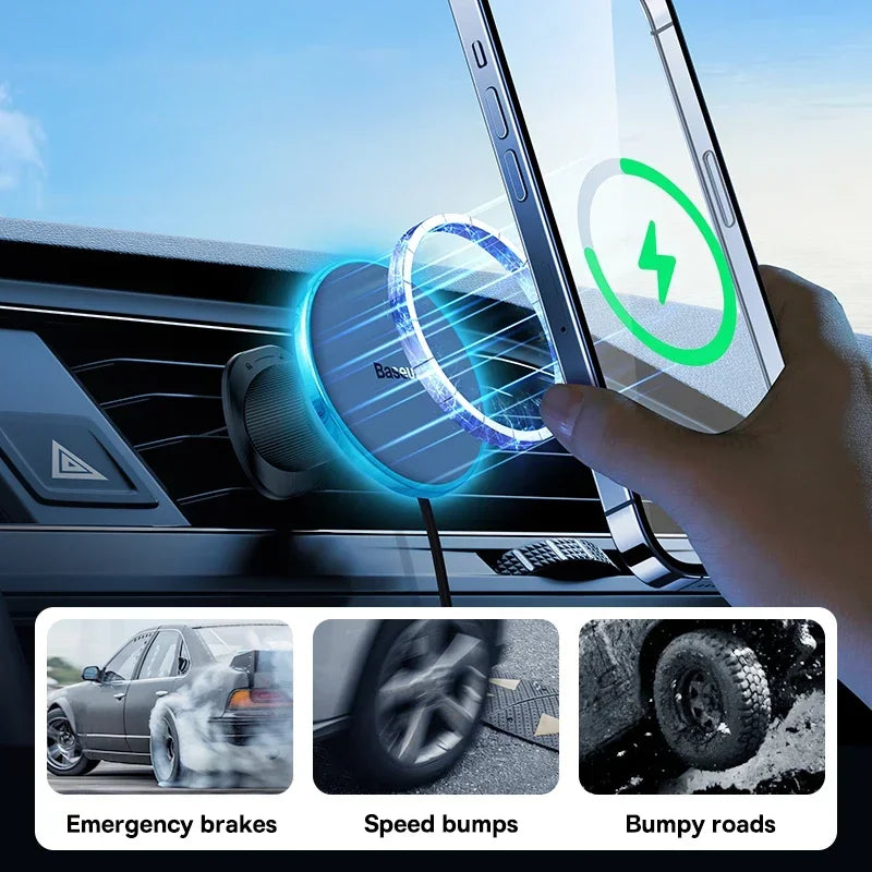 Baseus Chargeur Voiture Magnétique 15W – Support Téléphone Sans Fil iPhone 16 15 14 13