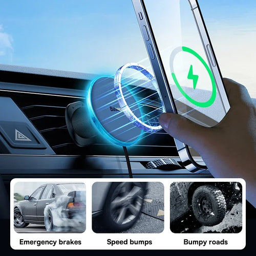 Baseus Chargeur Voiture Magnétique 15W – Support Téléphone Sans Fil iPhone 16 15 14 13