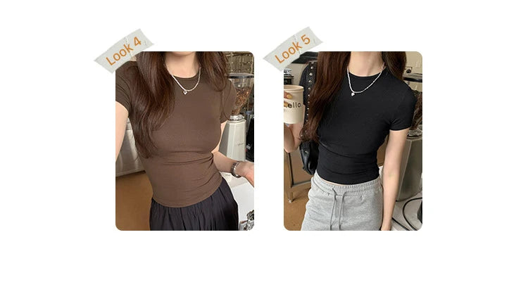 Crop Top Basique Uni Femme – Manches Courtes Col Rond Ajusté | Style Y2K Vintage Harajuku Streetwear