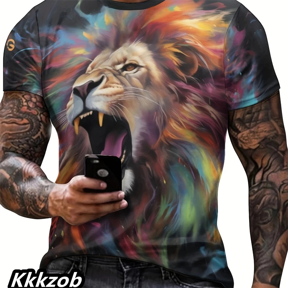 T-Shirt Homme Imprimé Lion Col Rond Manches Courtes Doux Respirant – Casual Outdoor Activités Été Essentiel | Mode Homme Nature