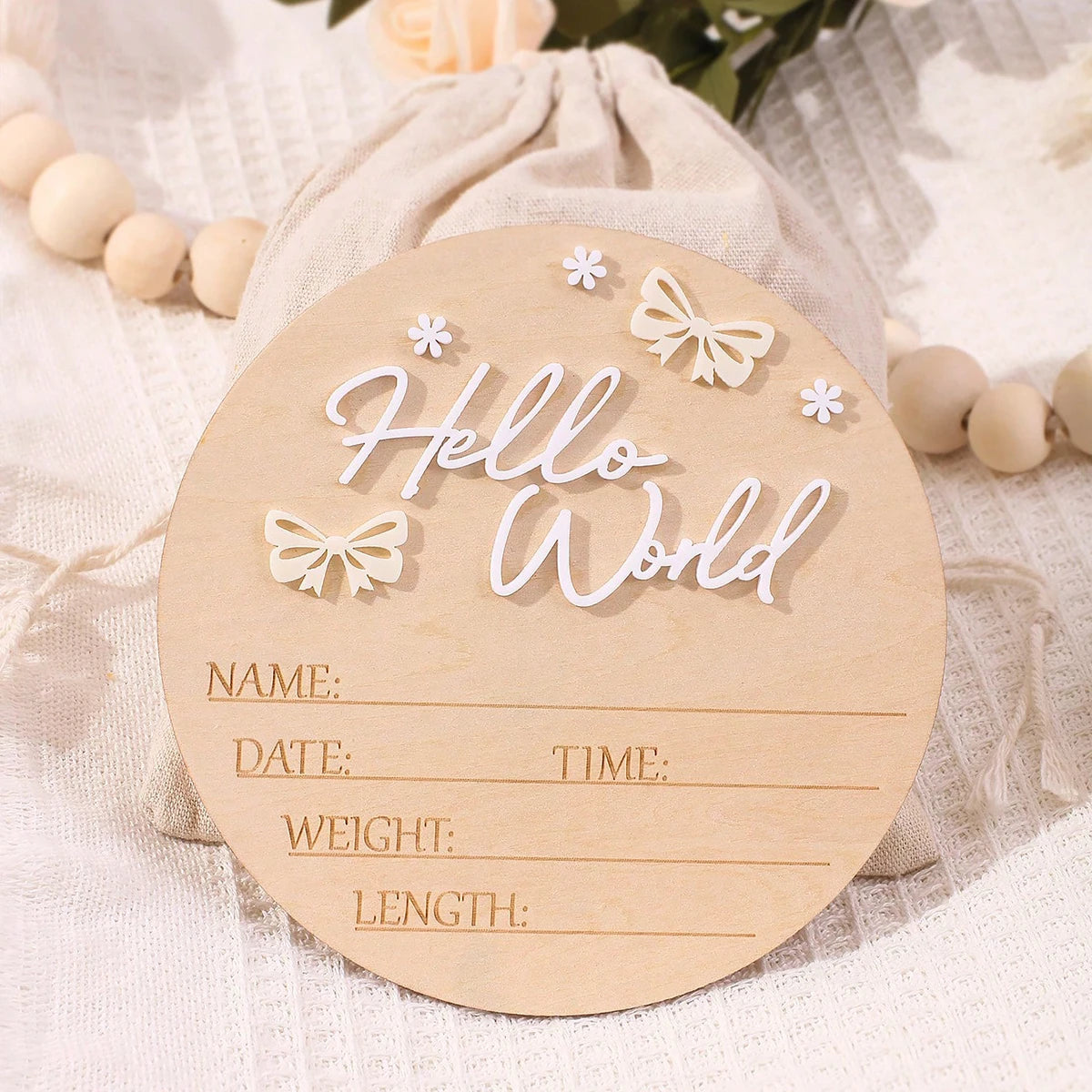 Pancarte Naissance Bébé « Hello World » – Déco Maternité Rose Poudré Papillon Étoile Photo Nouveau-Né