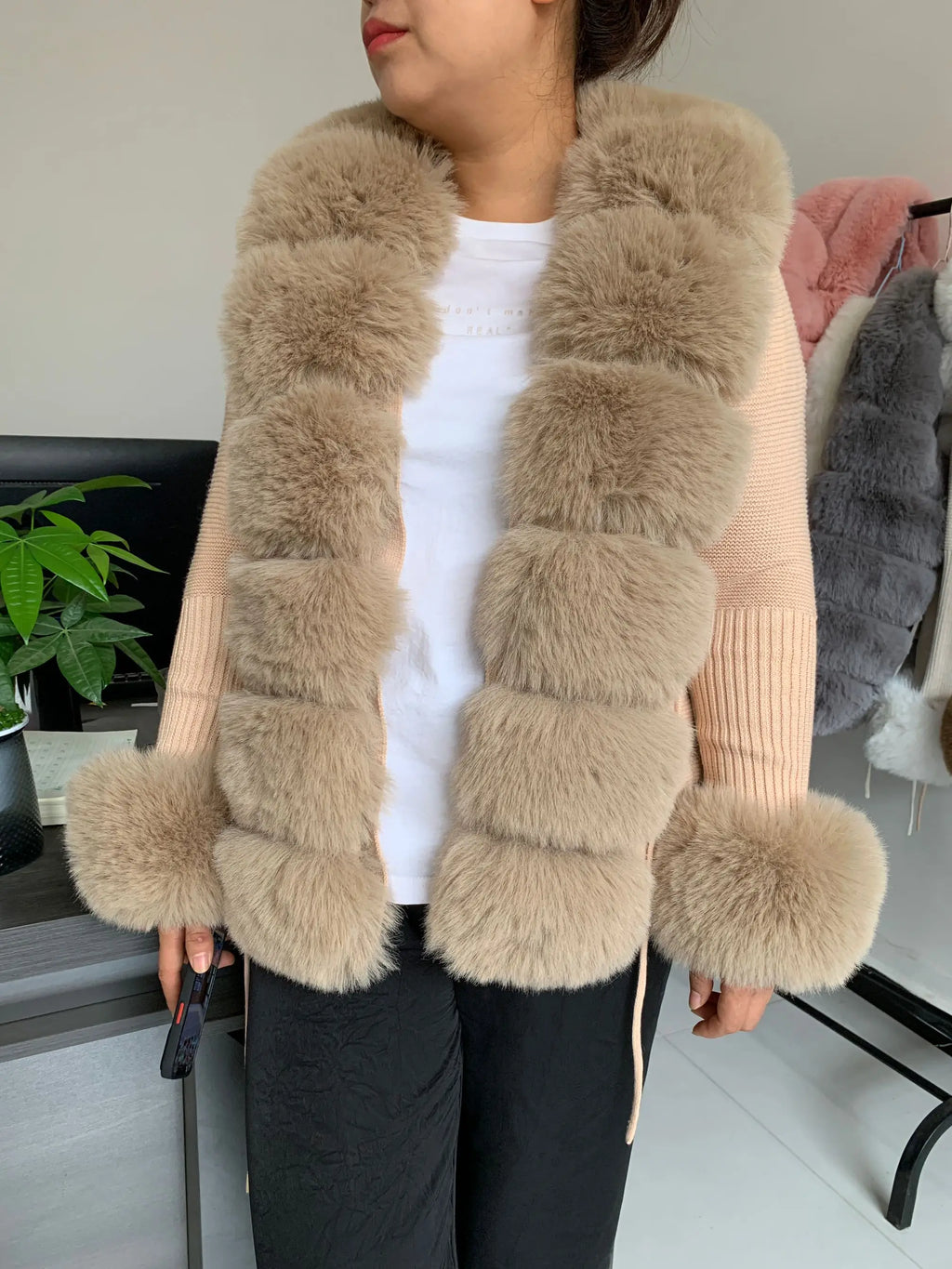 Damen Cardigan Strick Kragen Kunstpelz Fuchs Elegant – Chic & Luxuriöser Pullover Mantel | Frühling Herbst