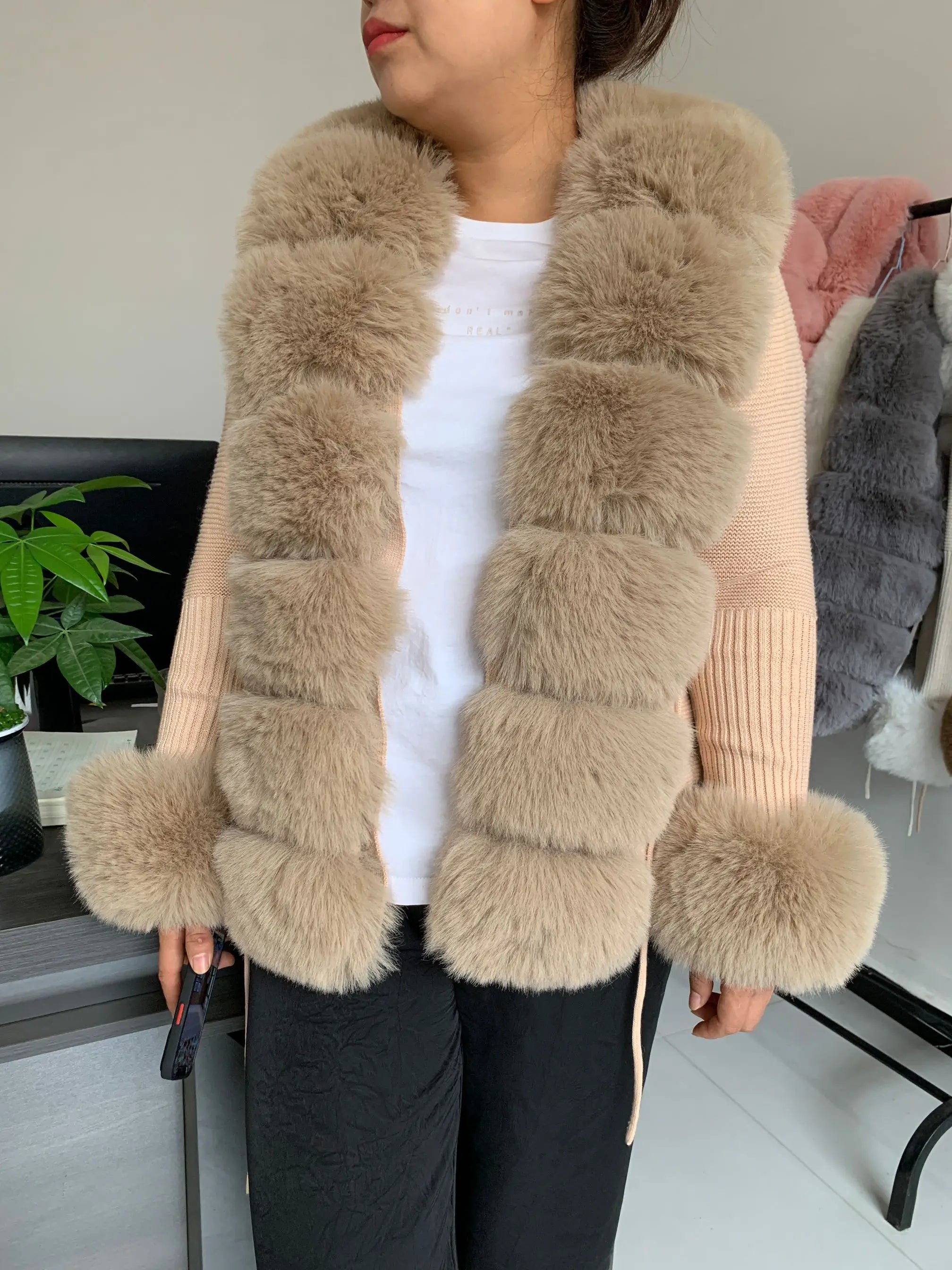 Damen Cardigan Strick Kragen Kunstpelz Fuchs Elegant – Chic & Luxuriöser Pullover Mantel | Frühling Herbst