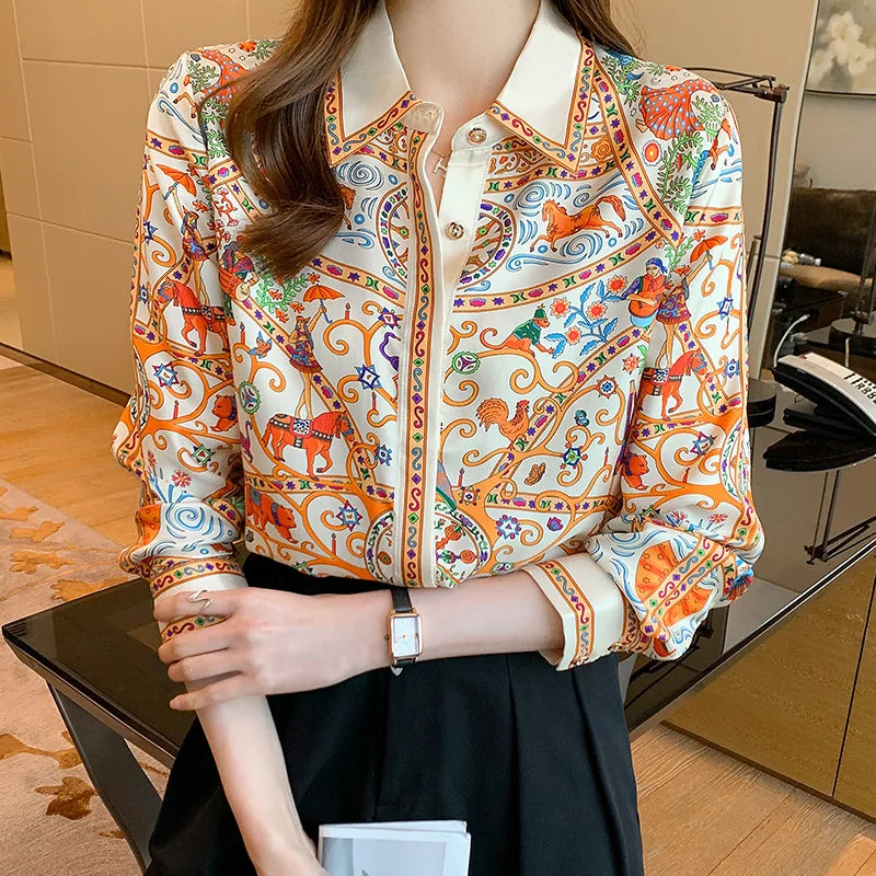 Chemisier Femme Vintage Imprimé Luxe Manches Longues Slim Élégant – Blouse Casual Chic | Automne S-3XL