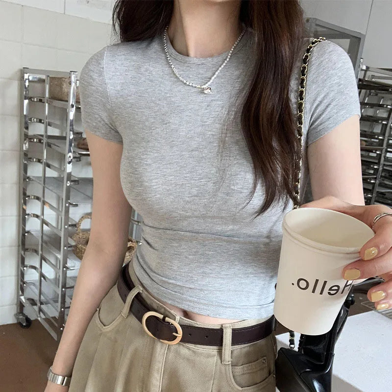 Crop Top Basique Uni Femme – Manches Courtes Col Rond Ajusté | Style Y2K Vintage Harajuku Streetwear