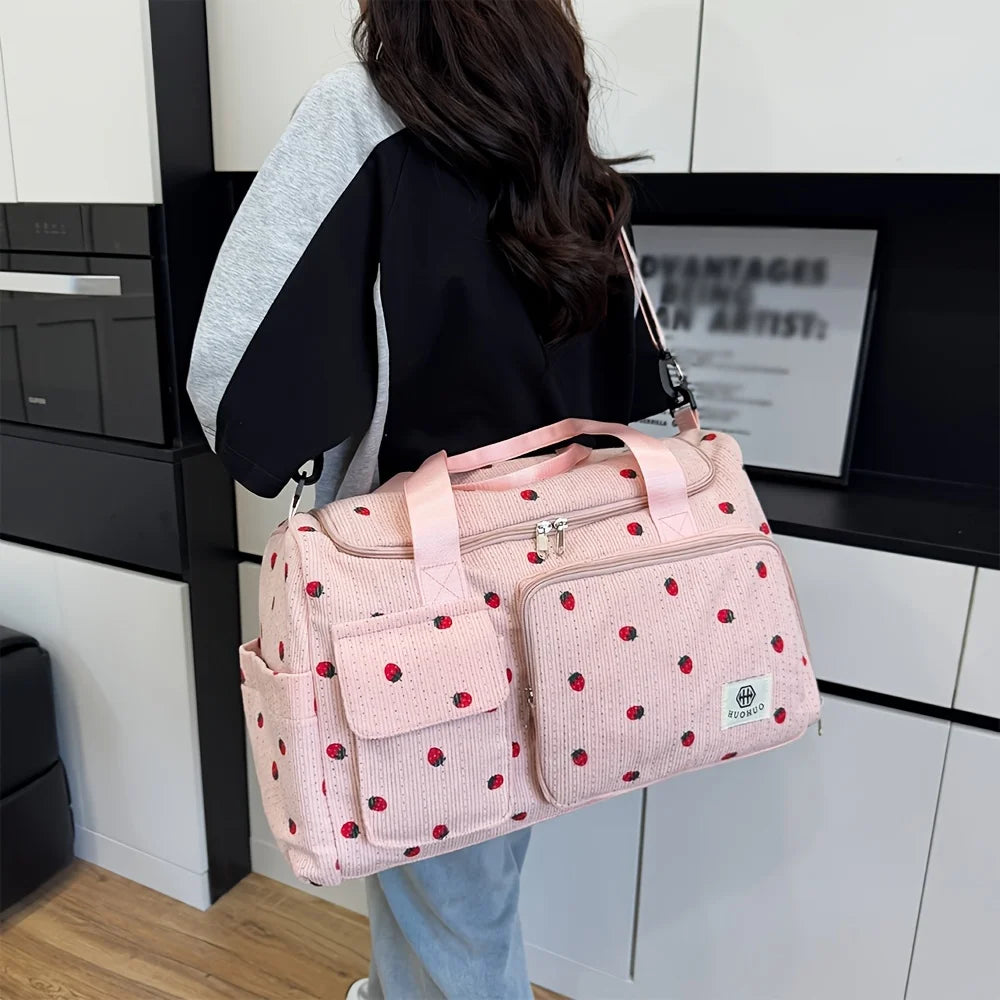 Sac de Voyage Fraise Velours Côtelé – Grande Capacité Bandoulière Léger Sport Fitness Bagage